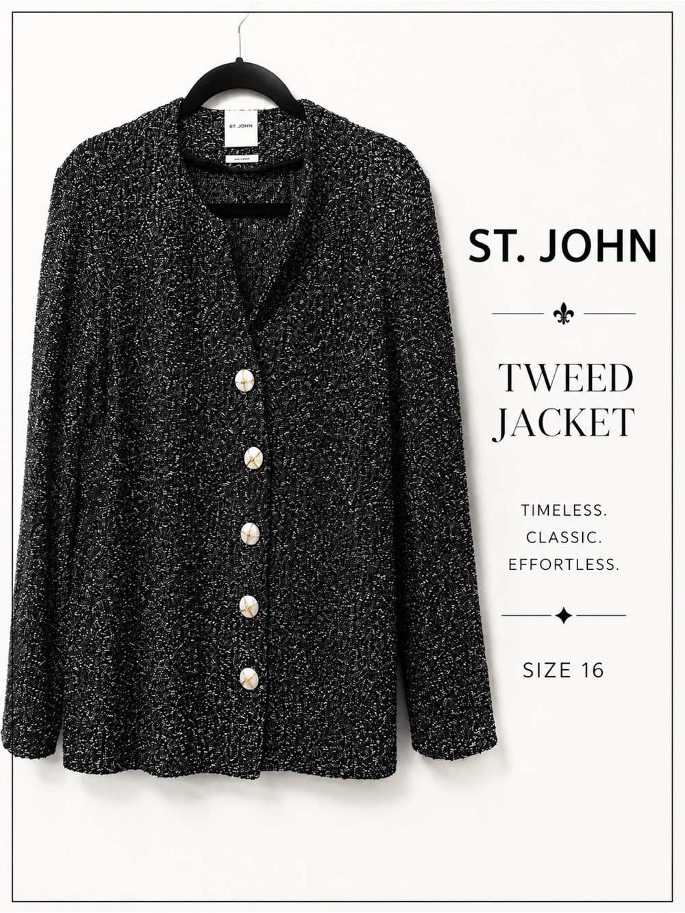 St. John Black & White Bouclé Knit Jacket Size 18 Luxe Designer Cardigan
